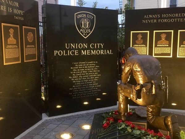 Union City, NJ Police Memorial featuring Black Granite, Barre Grey Granite and Bronze Sculpture